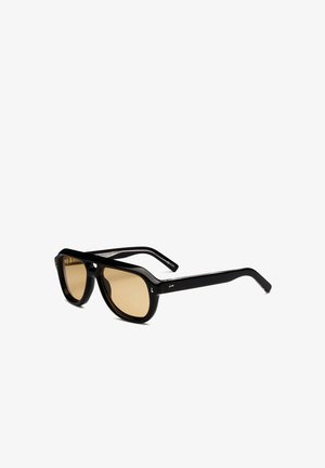Lunettes de soleil à monture noire avec verres teintés marron inclinées vers la droite sur fond blanc.