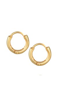 Boucles d'oreilles en or avec une finition polie, un design circulaire et un petit charnière pour la fermeture. Texture lisse avec un style minimaliste.