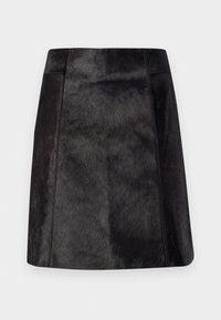 Gonna mini in pelle nera con una finitura liscia e testurizzata. Presenta una vita aderente e linee pulite, che mettendo in risalto il design elegante.