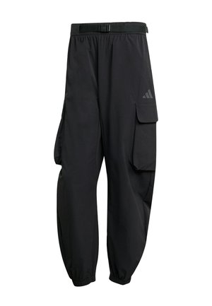 Sorte cargo bukser lavet af letvægtsstof med en snor i taljen, elastiske manchetter og en sidelomme med klap.