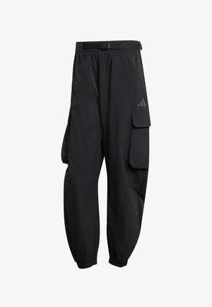 Pantaloni cargo neri realizzati in tessuto leggero, con vita regolabile tramite coulisse, polsini elastici e una tasca laterale con pattina.