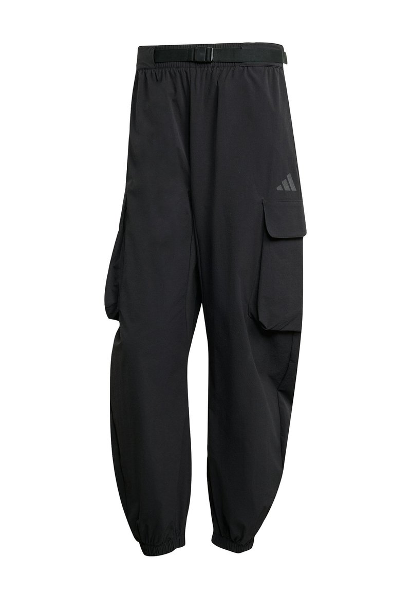 Schwarze Cargo-Hosen aus leichtem Material mit einem Kordelzugbund, elastischen Bündchen und einer seitlichen Tasche mit Klappe.