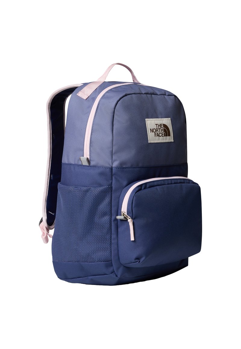 Navy blue backpack with pink accents, made from durable material. Features a front mesh pocket, zipper closure, and dual shoulder straps.