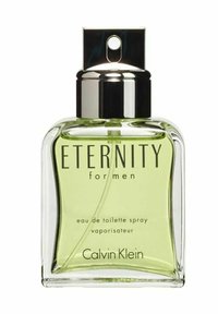 Grön vätska i en rektangulär glasflaska med rundade kanter. Silverlock och etikett med "ETERNITY for men" tydligt synlig på framsidan.