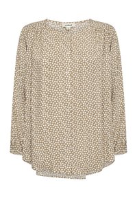 Blusa tan con pois, maniche lunghe, scollatura rotonda, chiusura frontale con bottoni e dettagli plissettati. Tessuto morbido e leggero con una vestibilità rilassata.