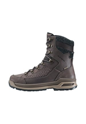 Dark brown high-top hiking boot with textured side panel, metal eyelets, padded ankle collar, and thick rubber sole.