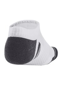 Sneaker-Socken mit einem weißen Körper und dunkelgrauen Fersen- und Zehenbereichen. Verfügt über eine strukturierte Oberfläche und ein verstärktes Fersen-Design.