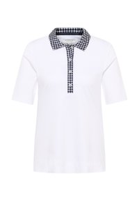 Polo shirt bianco a maniche corte con colletto a righe blu navy e bottone. Realizzato in cotone, con una superficie liscia e una vestibilità sartoriale.
