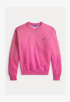 Sweat-shirt rose à manches longues et col rond avec poignets et ourlet côtelés, présentant un petit logo Polo Ralph Lauren bleu marine sur la poitrine gauche.