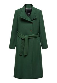 Manteau en laine verte avec col, manches longues et ceinture. Texture lisse, fermeture par boutons et poches latérales.