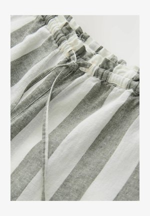 Šedé a bílé pruhované šortky na stahovací šňůrku s elastickým pasem a měkkou, lehkou látkou. Mají texturovaný povrch a neformální design.