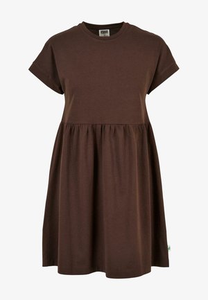 Vestido de algodón marrón con mangas cortas, cuello redondo y cintura fruncida, que presenta una falda acampanada y una pequeña etiqueta de tela en el dobladillo.