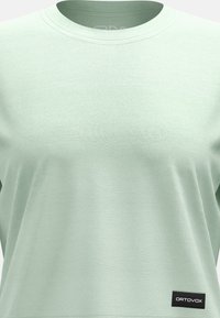 Hellgrünes T-Shirt mit kurzen Ärmeln aus softem Stoff, mit rundem Halsausschnitt und kleinem schwarzen Ortovox-Logo in der unteren linken Ecke.