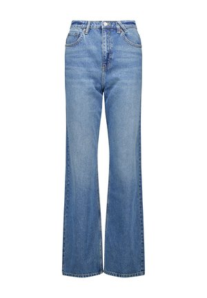 Jeans azules de talle alto y acampanados con una textura de mezclilla clásica, que cuentan con cinco bolsillos y cierre con cremallera. Diseño minimalista y detalles de costura.