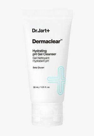 Witte tube van Dr.Jart+ Dermaclear Hydrating pH Gel Cleanser met lichtblauw kruisontwerp, 30 ml formaat, gelabeld in het Engels en Frans.
