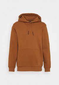 Felpa cappuccio marrone con tasca frontale, realizzata in tessuto morbido. Presenta lacci e polsini a coste per una vestibilità comoda.