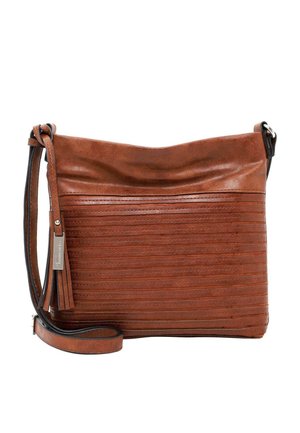 Brązowa skórzana torebka na ramię o miękkiej fakturze, z poziomymi prążkami, czarnym paskiem i ozdobną frędzlą z boku.