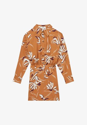 Langærmet kjole i rustorange med hvid og mørk lilla blomsterprint. Har knaplukning, krave og elastisk talje for form.