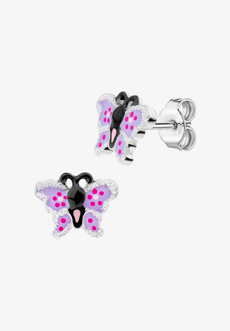 Boucles d'oreilles clous en argent en forme de papillon avec des ailes violettes, des taches roses et rouges, des corps noirs et des bords blancs scintillants.