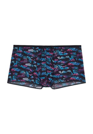 Tronco nero con un motivo astratto colorato in rosa, blu e viola. Presenta una consistenza liscia e una cintura elastica per il comfort.