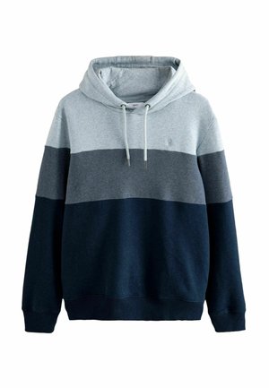 Hooded sweatshirt with a color-block design in light gray, dark gray, and navy blue. Features drawstrings and ribbed cuffs and hem.