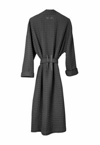 Musta harmaan vaaleapintaista waffle-kuvioista aamutakkia, jossa on pitkät hihat ja nauhavyö. Keskeisiä piirteitä ovat rento istuvuus ja hyvin teksturoitu kangas, jotka tekevät siitä erityisen mukavan.