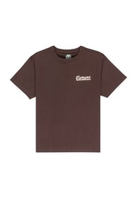Camiseta de manga corta marrón con cuello redondo y logo de texto "Element" en el lado izquierdo del pecho.