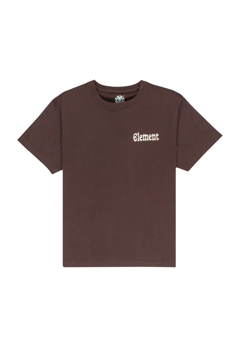 Camiseta de manga corta marrón con cuello redondo y logo de texto "Element" en el lado izquierdo del pecho.