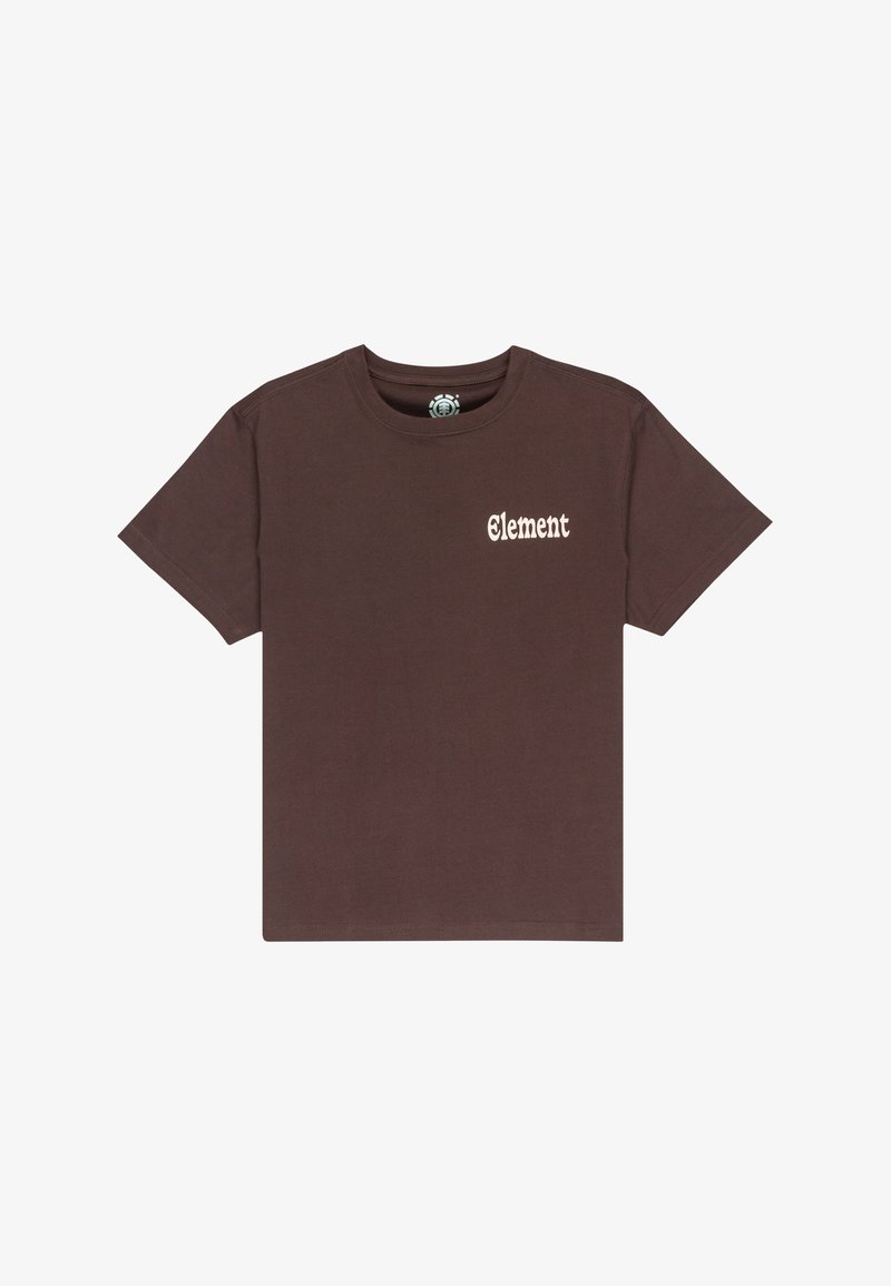 Brązowy, krótki rękaw, koszulka typu crew neck z logo tekstowym "Element" na lewej piersi.