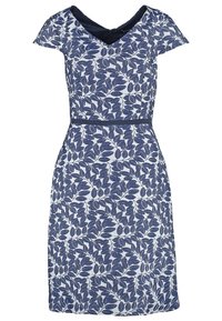 Blue and white dress featuring a leaf pattern, short sleeves, V-neckline, fitted waist, and knee-length hem. Textured fabric includes a solid waistband.
