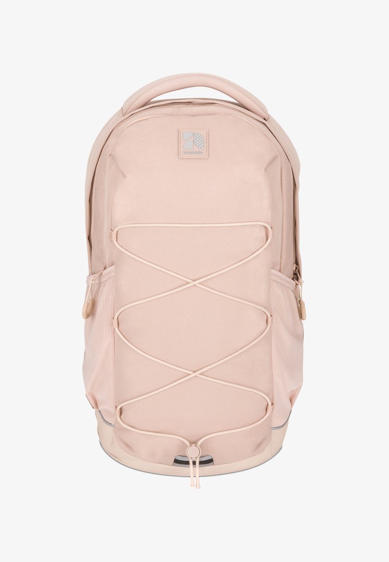 Rucsac roz deschis din material textil cu un finisaj texturat. Dispune de un sistem de cordon bungee în față și o mână superioară pentru transport.