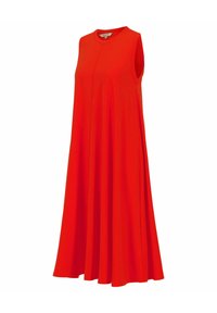 Sleeveless red dress, knee-length, made of smooth fabric with a rounded neckline and a flowing A-line silhouette.