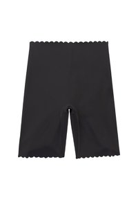 Zwarte high-waisted shorts van soepele stof. Geregen randdetail. Heeft een handige uitsparing voor gemak bij het dragen.