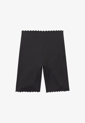 Hochgeschnittene schwarze Shorts aus glattem Stoff. Detail mit gewelltem Bund. Verfügt über einen praktischen Ausschnitt für ein bequemes Tragen.