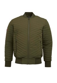 Giacca bomber verde oliva con texture trapuntata, polsini e orlo a coste, zip frontale e un emblema rosso sulla manica sinistra.