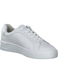 Weiße Leder-Sneaker mit flachem Schnürdesign, glatter Textur, runder Spitze und einer genoppten Gummisohle für Grip und Komfort.