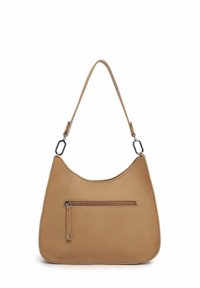 Vaaleanruskea nahkakäsilaukku, jossa on texturoitu pinta, kaareva muoto, yksi olkahihna ja etupuolella vetoketjullinen tasku lisätallennusta varten.