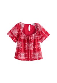 Blouse rouge à manches courtes avec encolure arrondie, détail à lacer et motif de feuilles blanches sur l'ensemble. Présente une découpe en forme de clé à l'arrière.