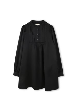 Blouse noire à manches longues avec un col arrondi, des boutons sur le devant et des plis verticaux. Design fluide avec des détails froncés aux épaules.