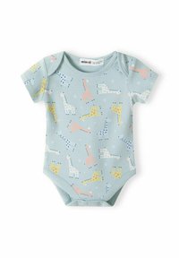 Kratki rukav bodi za bebe od plave tkanine s veselim uzorkom žirafa uPastelnoj boji. Uključuje dugmadi na dnu.