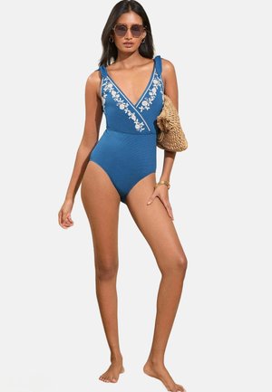 Love & Roses WRAP FRONT TUMMY CONTROL - Maudymosi kostiumėlis - blue embroidered
