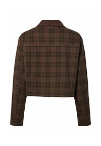 Veste courte à carreaux marron avec manches longues et col en velours côtelé marron foncé, vue de dos sur fond blanc.