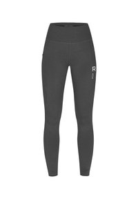 Graue Sportleggings mit hoher Taille, glatter Textur, Seitentaschen und weißen Logodetails am unteren linken Bein.