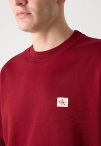 Felpa bordeaux con colletto a costine e tessuto morbido. Presenta un'etichetta quadrata bianca con dettagli del logo rosso sul petto.