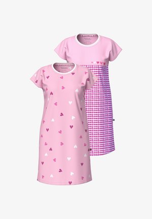Dos camisones de manga corta en color rosa. Uno presenta corazones dispersos en varias tonalidades; el otro tiene un patrón de cuadros vichy en rosa. Tejido suave.
