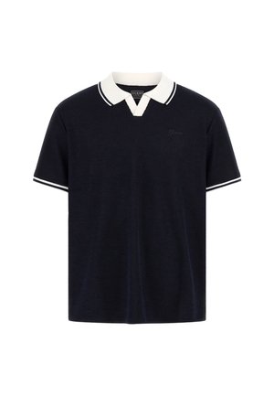 Polo navy in tessuto a maglia, con colletto bianco bordato di nero e maniche corte, con il logo del marchio sul petto.