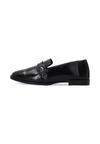 Schwarze Lederloafer mit einer eleganten Form, die auf der Vorderseite mit einer dekorativen Schnallenakzent und einem niedrigen, stabilen Absatz ausgestattet sind.