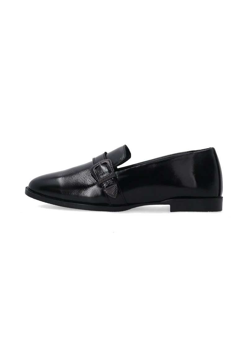 Schwarze Lederloafer mit einer eleganten Form, die auf der Vorderseite mit einer dekorativen Schnallenakzent und einem niedrigen, stabilen Absatz ausgestattet sind.