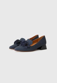 Chaussures bleu marine avec un motif texturé, comportant des accents floraux à l'avant. Bout pointu et talon angulaire bas.