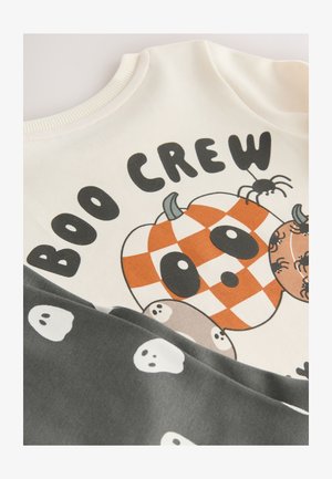 Puuvillane dressipluus kreemikal taustal, millel on oranži ja valget ruudulist kõrvitsat, koomikslikke kummitusi ning tekst "BOO CREW". Halli varrukate detail.